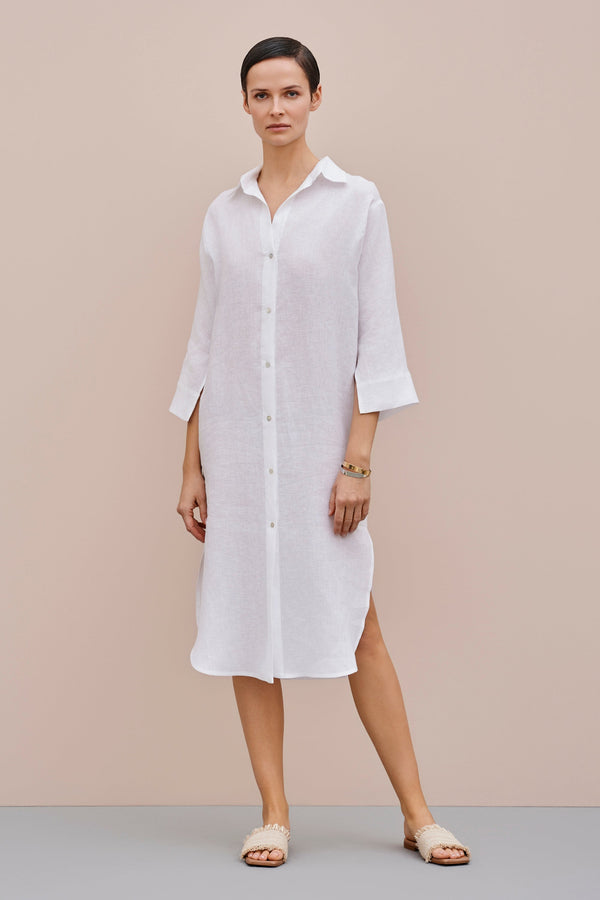 LINEN SHIRT DRESS WITH THREE QUARTER SLEEVES