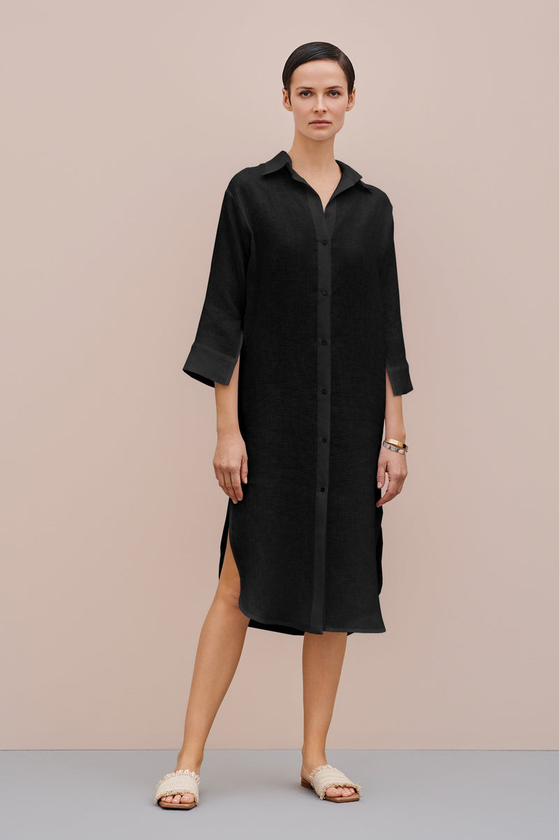 LINEN SHIRT DRESS WITH THREE QUARTER SLEEVES