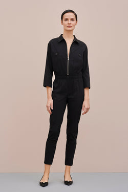 LONG POPLIN JUMPSUIT WITH ELASTICATED WAISTBAND AND PATCH POCKETS