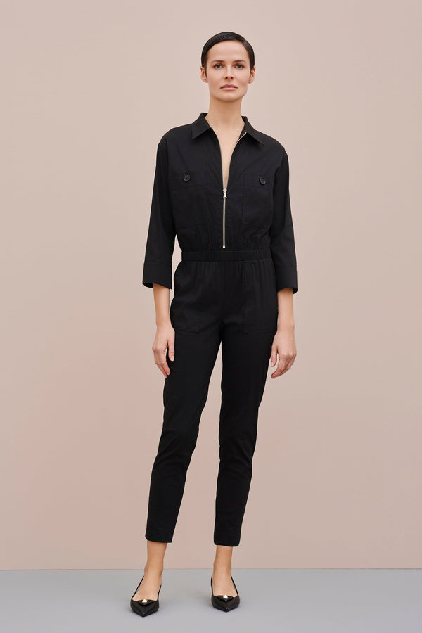 LONG POPLIN JUMPSUIT WITH ELASTICATED WAISTBAND AND PATCH POCKETS