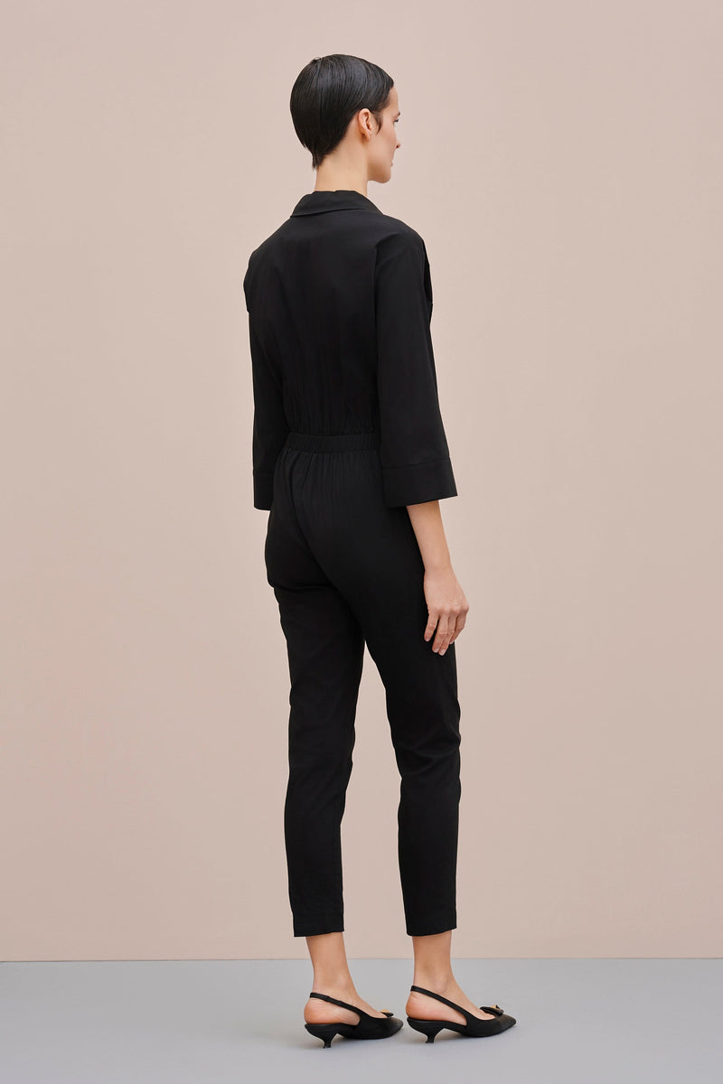 LONG POPLIN JUMPSUIT WITH ELASTICATED WAISTBAND AND PATCH POCKETS