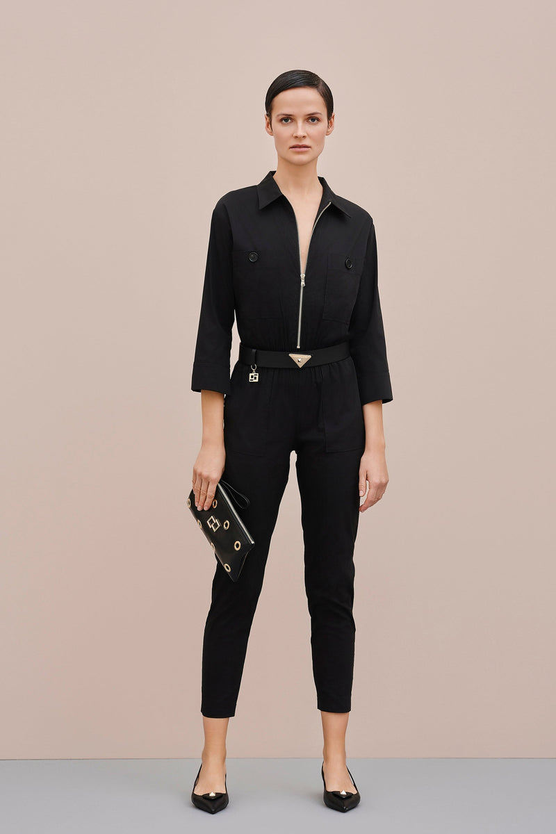 LONG POPLIN JUMPSUIT WITH ELASTICATED WAISTBAND AND PATCH POCKETS