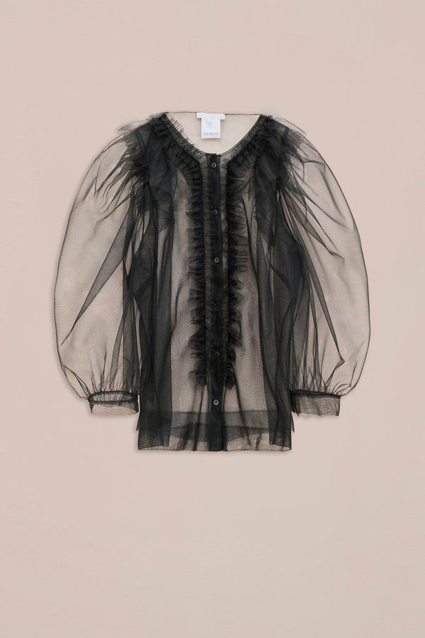 TULLE SHIRT WITH FRILLS AND GATHERED SLEEVES