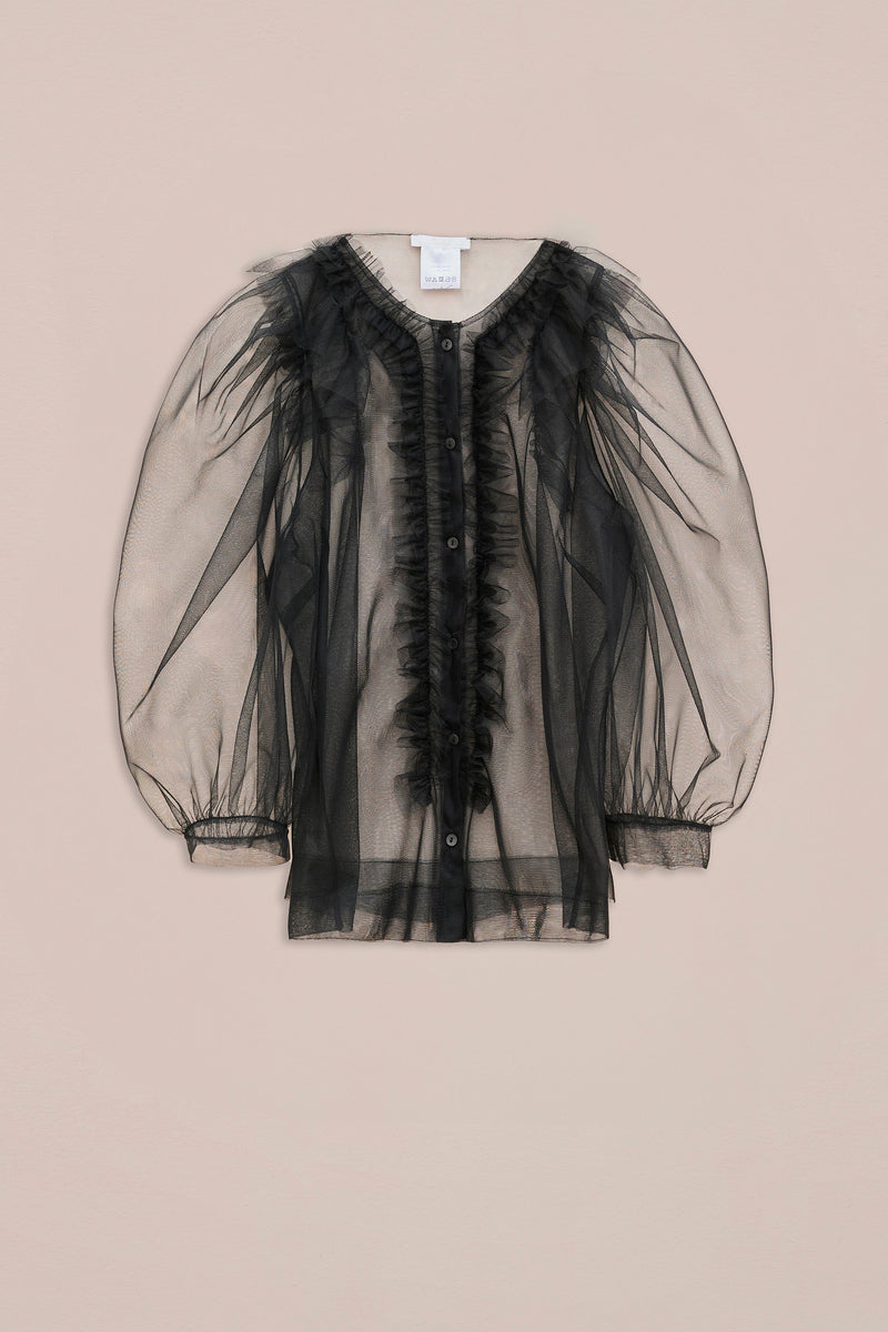 TULLE SHIRT WITH FRILLS AND GATHERED SLEEVES
